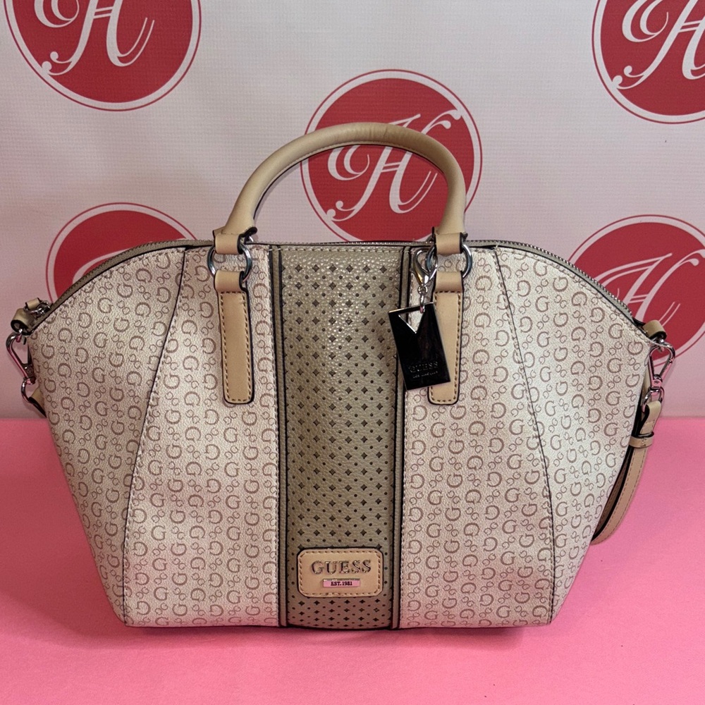 GUESS Cream and Tan Satchel Bag